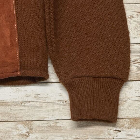 1970s Vintage Brown w Red Suede Front Shawl Cardigan RETRO M Old Grandpa Hipster - Picture 5 of 15